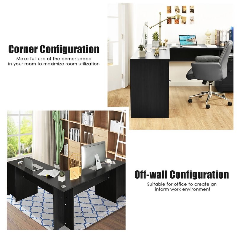 Costway L-Shaped MDF Corner Computer Desk with Drawers in Black