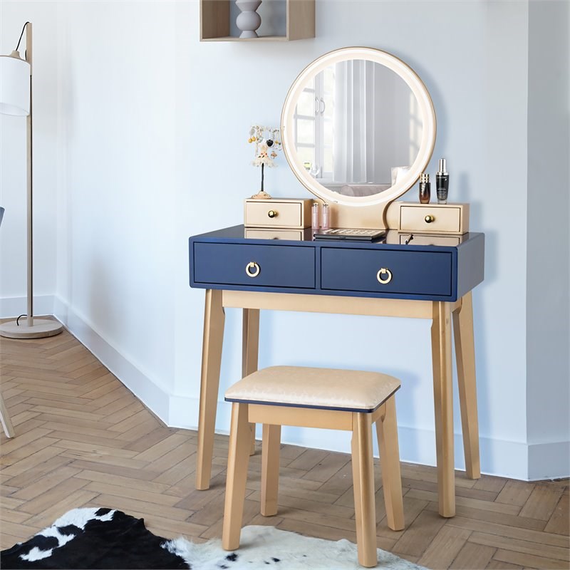Costway MDF Vanity Makeup Dressing Set with Round LED Mirror in Navy Blue