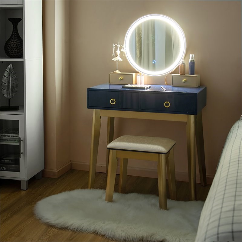 Costway MDF Vanity Makeup Dressing Set with Round LED Mirror in Navy Blue