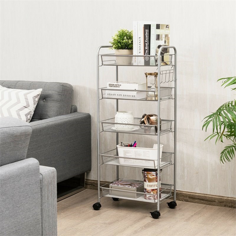 Costway 5-tier Contemporary Iron Mesh Rolling File Utility Cart in Gray