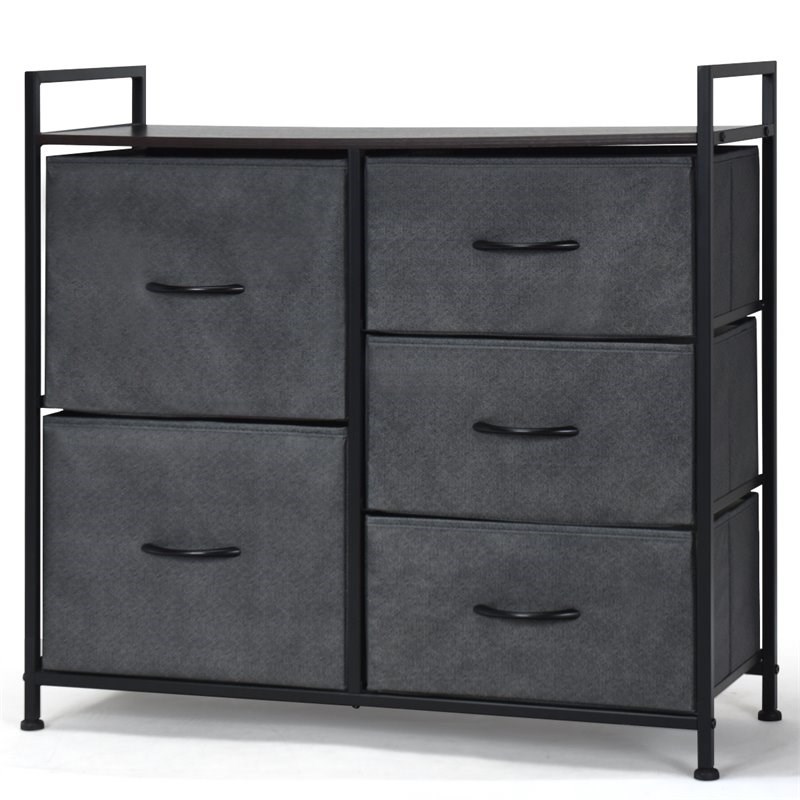 Costway 5-drawer Contemporary Iron MDF and Cloth Dresser Storage in Dark Gray