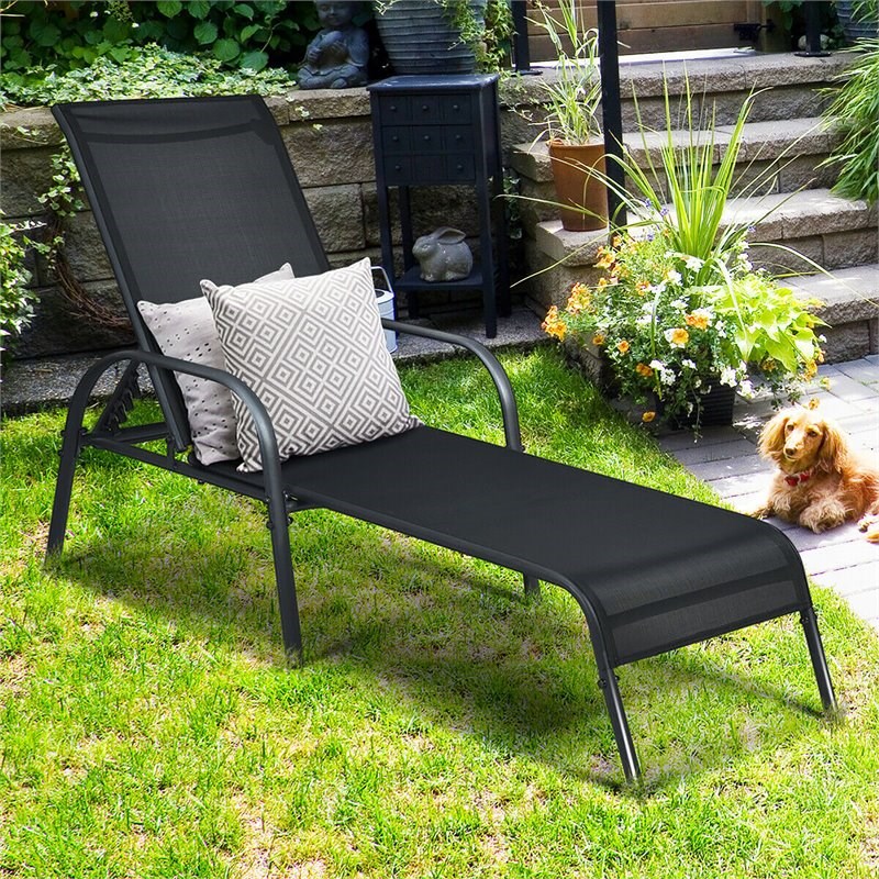 Costway Steel and Fabric Patio Lounge Chair with Adjustable Backrest in Black