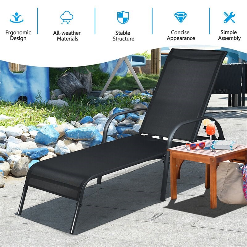 Costway Steel and Fabric Patio Lounge Chair with Adjustable Backrest in Black