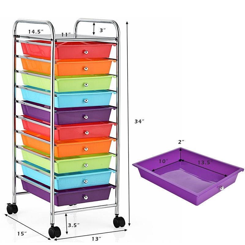 Costway 10-drawer Steel and Plastic Rolling Storage Cart in Multi-Color