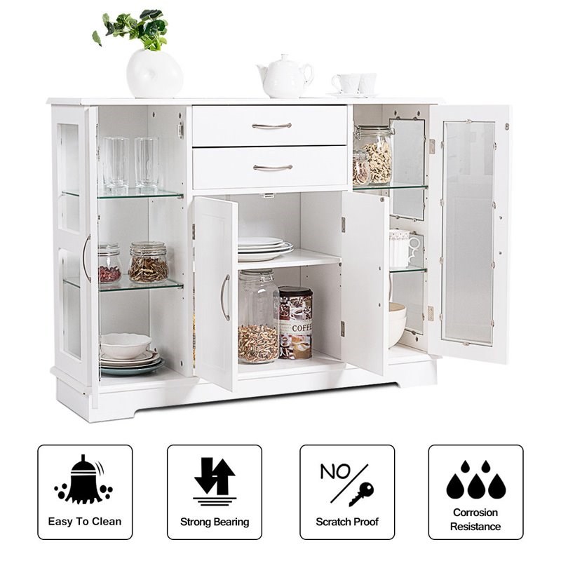 Costway Contemporary Density Board Buffet with Glass Door Drawers in White