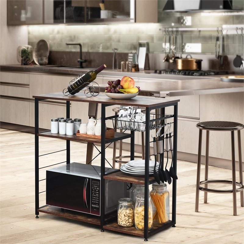 Costway Engineered Wood and Steel Kitchen Baker's Rack with 6 Hooks in Black