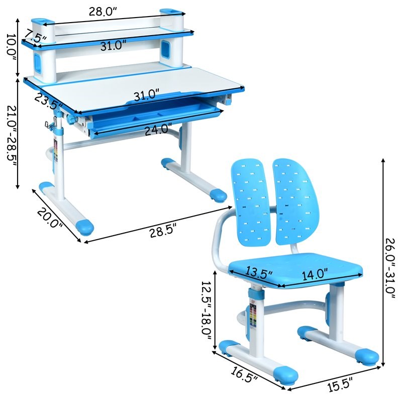 Costway MDF and Steel Adjustable Height Children's Desk Chair Set in Blue