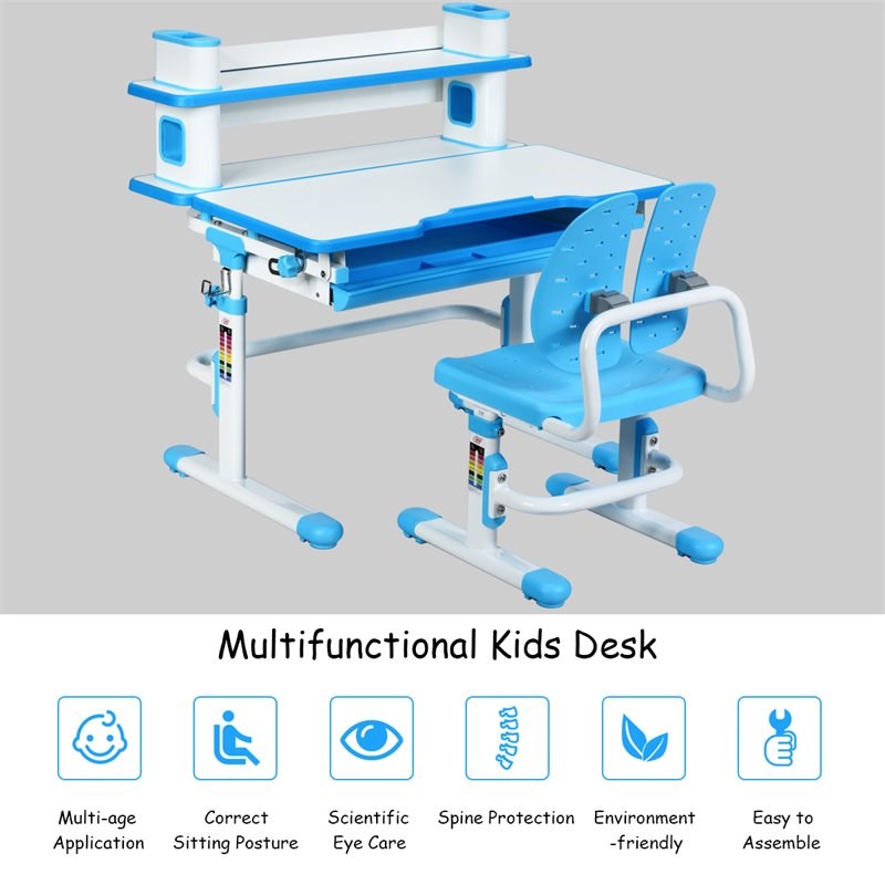 Costway MDF and Steel Adjustable Height Children's Desk Chair Set in Blue