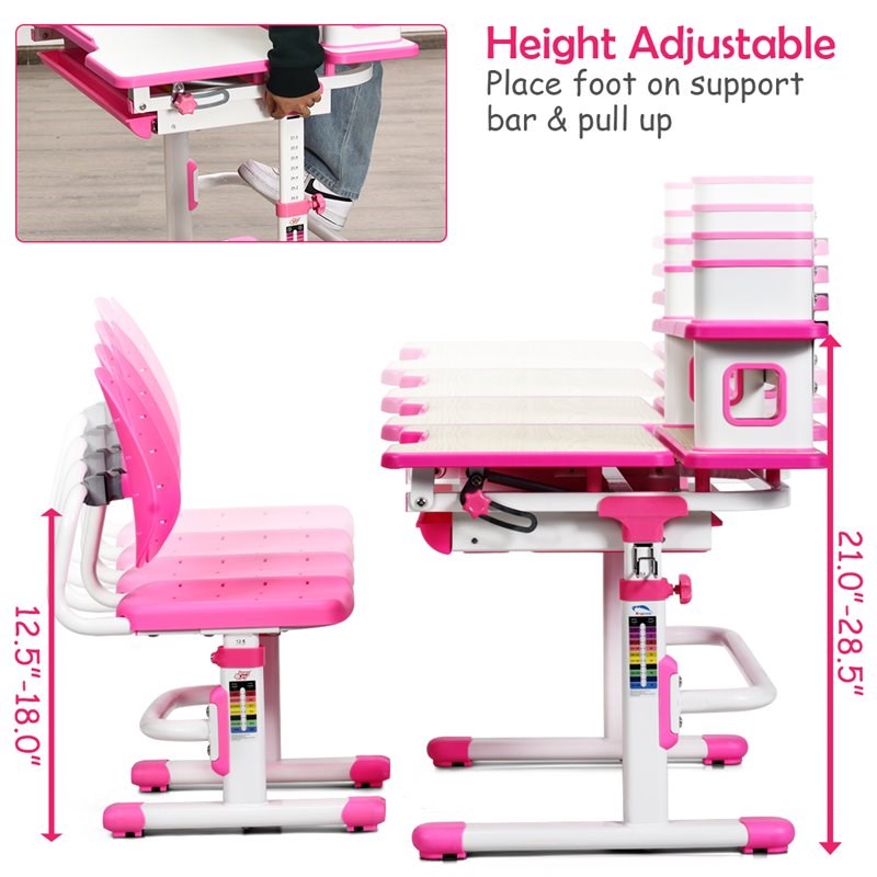 Costway MDF and Steel Adjustable Height Children's Desk Chair Set in Pink