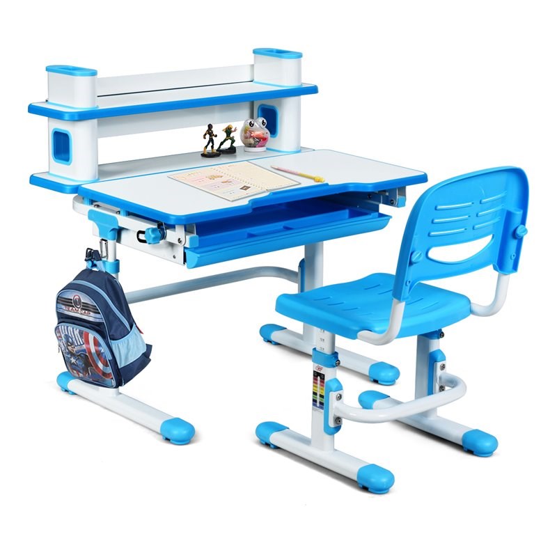 Costway MDF and Steel Adjustable Height Children's Desk Chair Set in Blue Finish