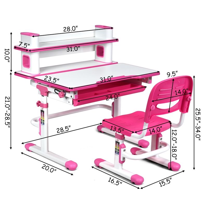 Costway MDF and Steel Adjustable Height Children's Desk Chair Set in Pink Finish
