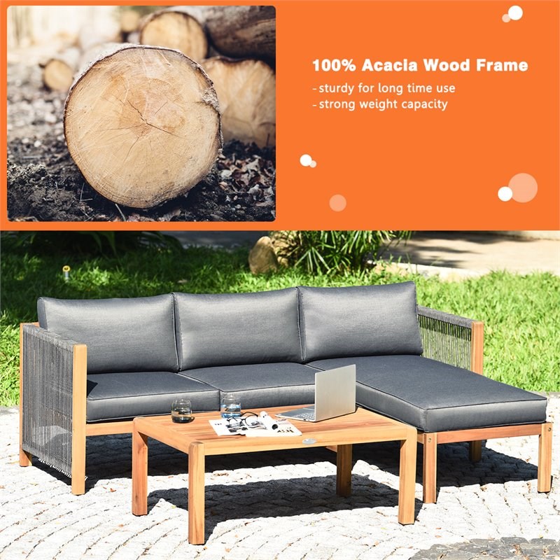 costway 3pcs patio sofa furniture set thick cushion acacia wood