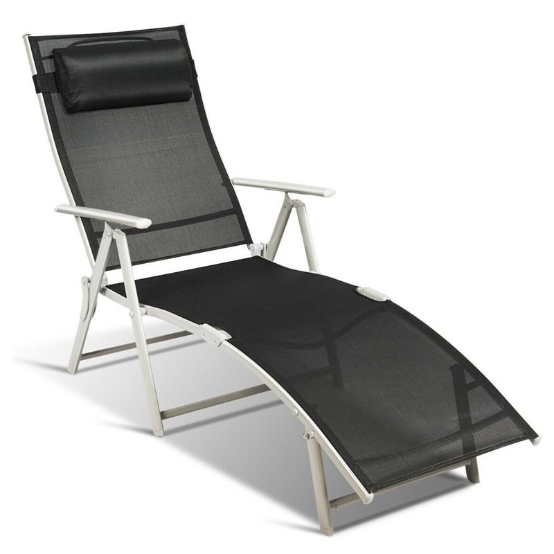 Costway Fabric Outdoor Folding Chaise Lounge Chair with Cushion in Black