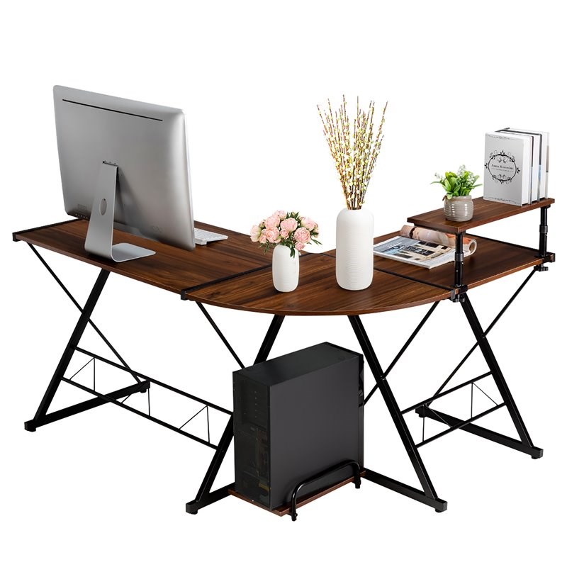 Costway 58''x44'' L-Shaped Computer Gaming Desk with Monitor Stand in Walnut