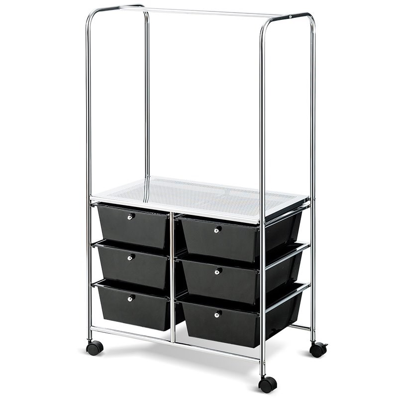 Costway 6-drawer Steel and PP Rolling Storage Cart with Hanging Bar in Black