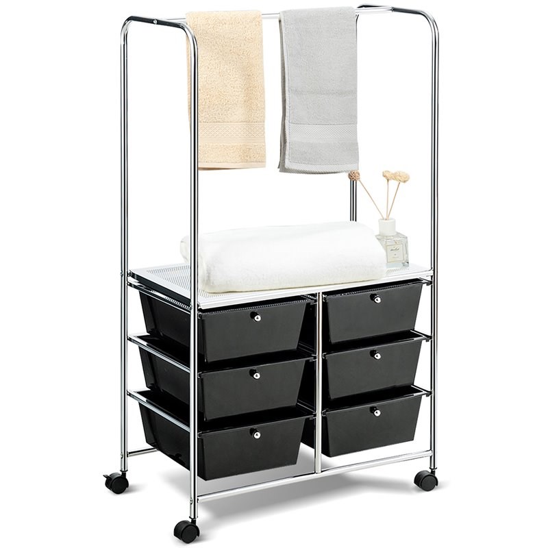 Costway 6-drawer Steel and PP Rolling Storage Cart with Hanging Bar in Black