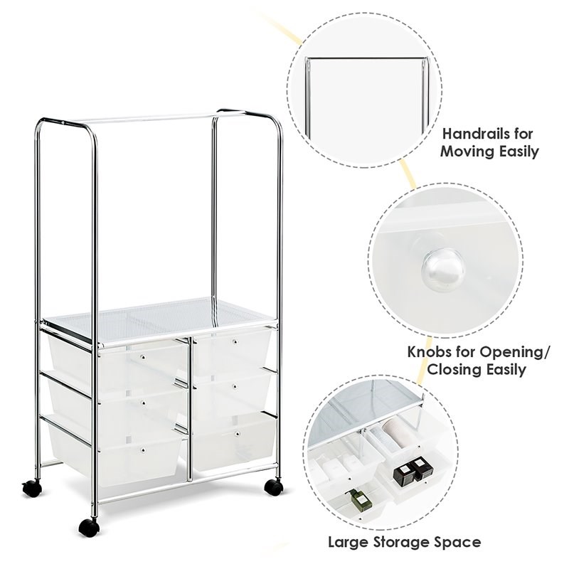 Costway 6-drawer Steel and PP Rolling Storage Cart with Hanging Bar in Clear