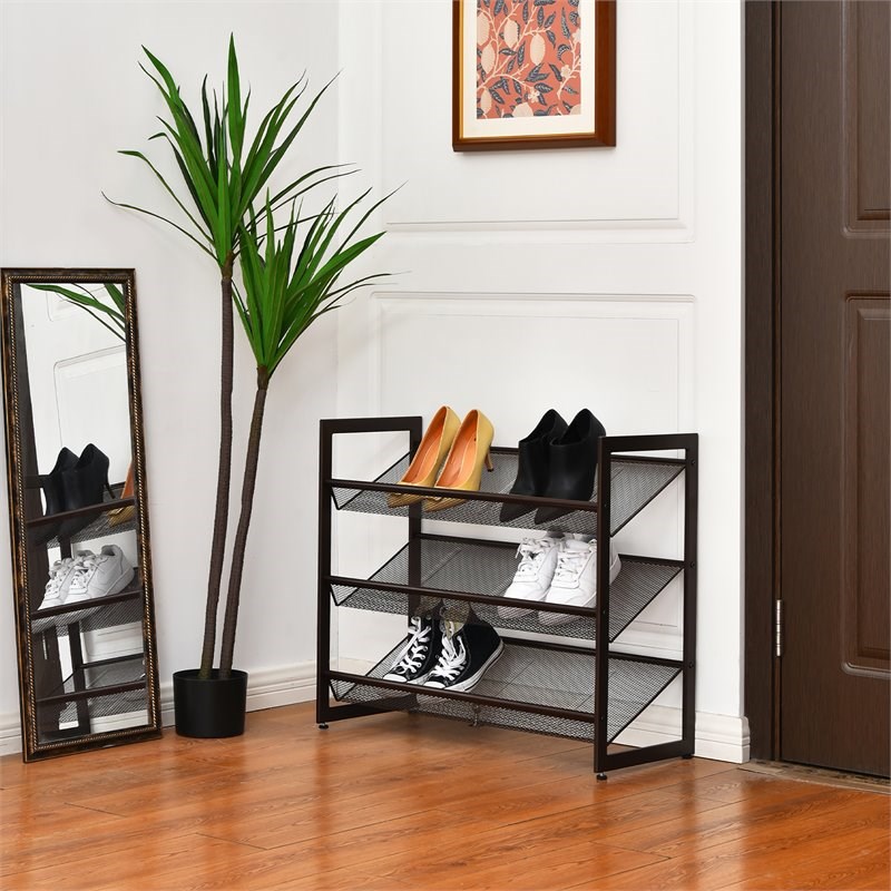 Costway 3-Tier Shoe Rack Adjust to Flat Slant Shoe Organizer Hold Stand in Brown