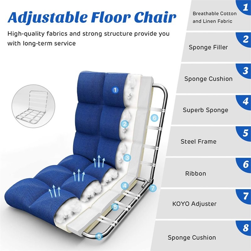 Costway Cotton Adjustable 14-Position Floor Gaming Sofa Chair in Blue