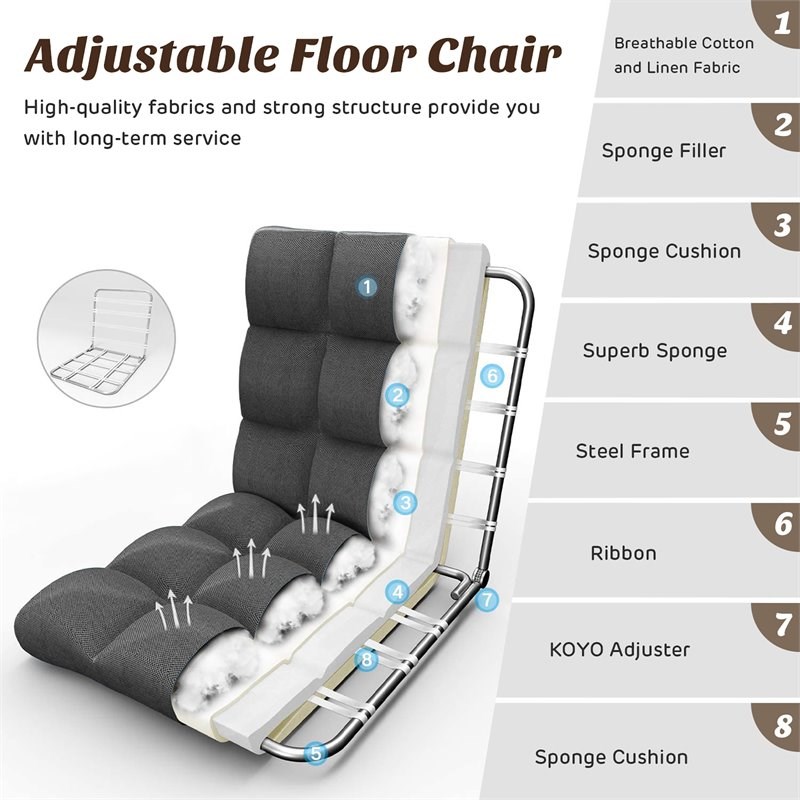 Costway Cotton Adjustable 14-Position Floor Gaming Sofa Chair in Gray