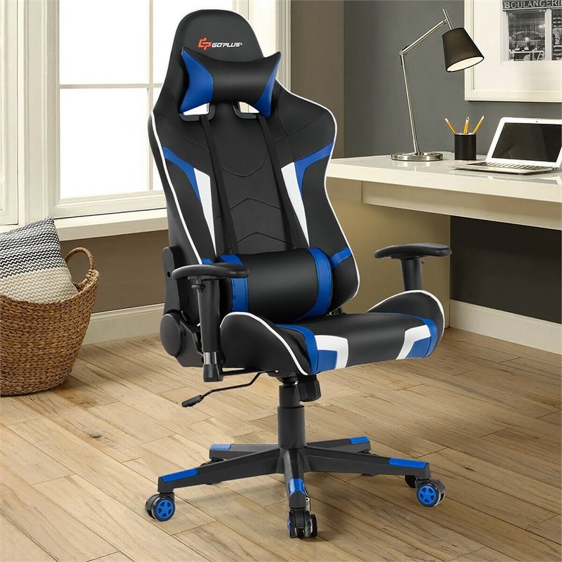 Costway Faux Leather Swivel Massage Gaming Chair with Lumbar Support in Blue