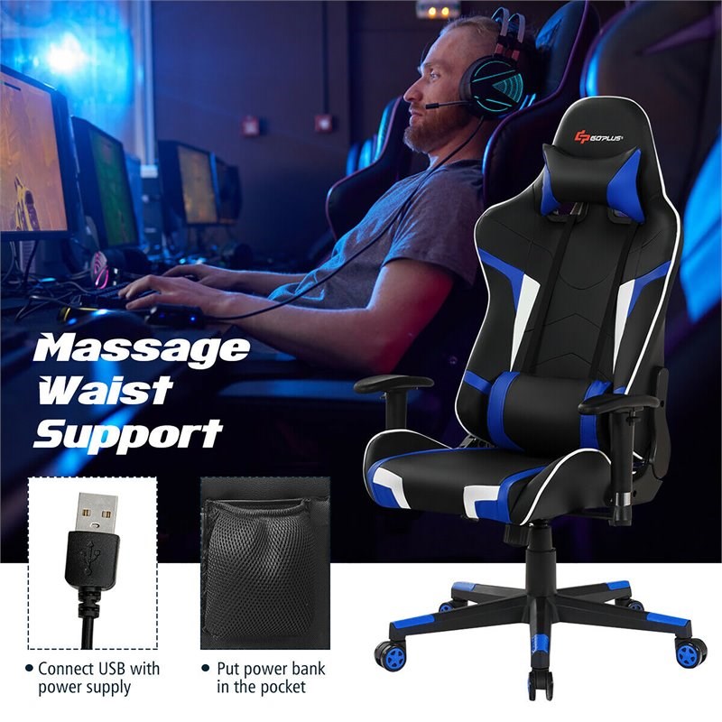 Costway Faux Leather Swivel Massage Gaming Chair with Lumbar Support in Blue