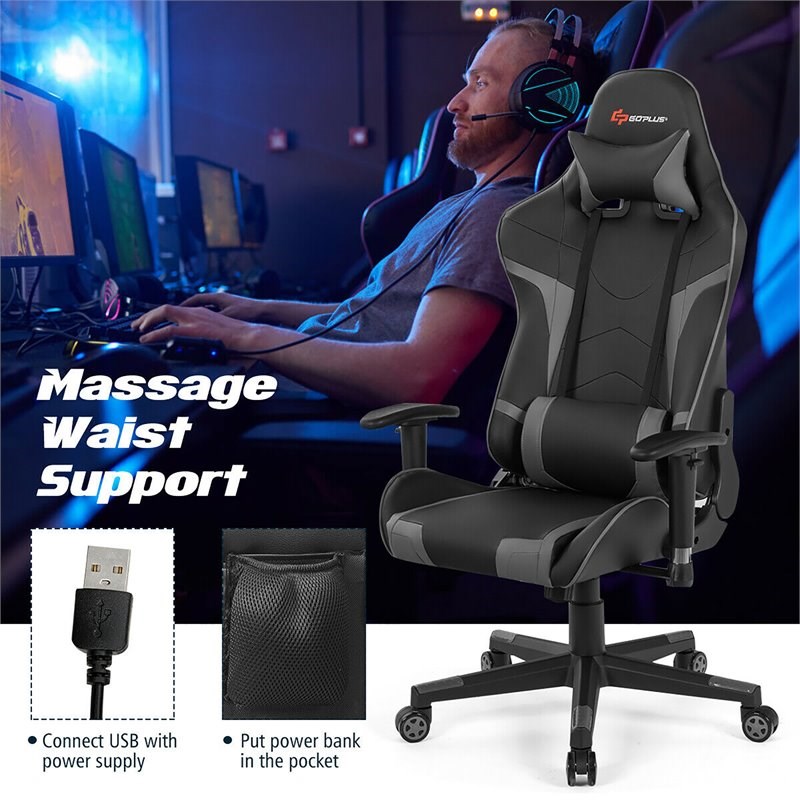 Costway Faux Leather Swivel Massage Gaming Chair with Lumbar Support in Gray