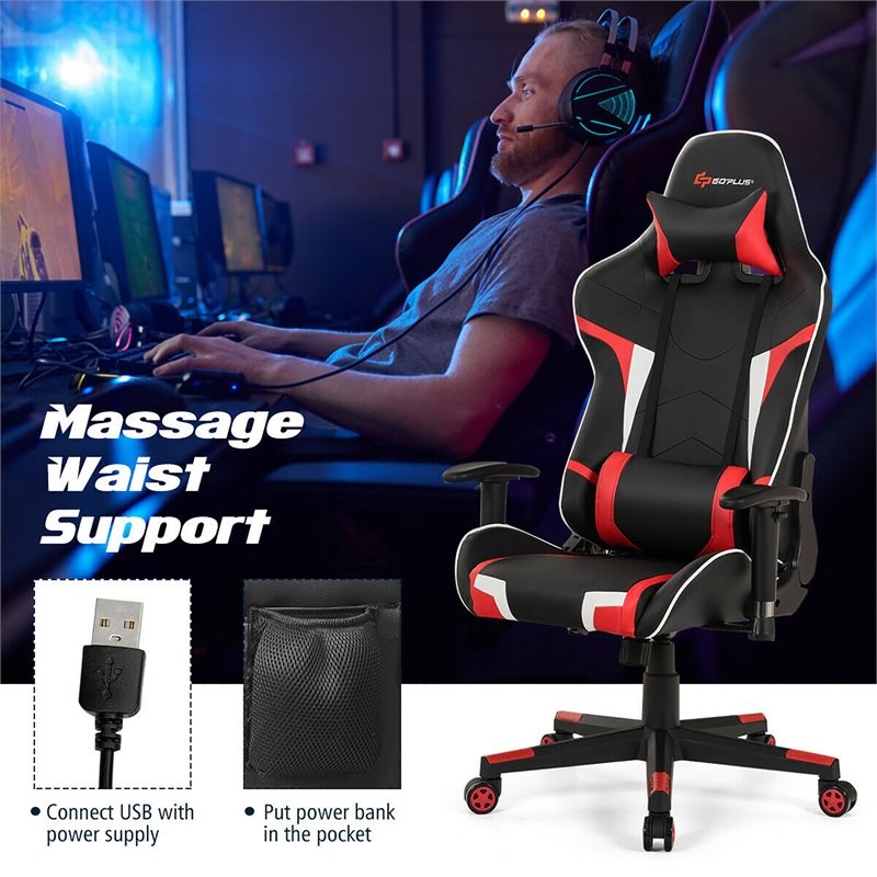 Costway Faux Leather Swivel Massage Gaming Chair with Lumbar Support in Red