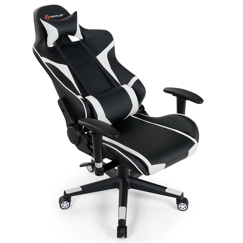 Costway Faux Leather Swivel Massage Gaming Chair with Lumbar Support in White