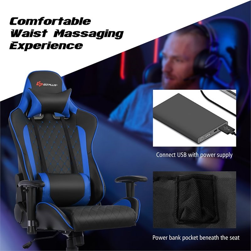 Costway Faux Leather Massage Gaming Chair with Lumbar Support & Headrest in Blue