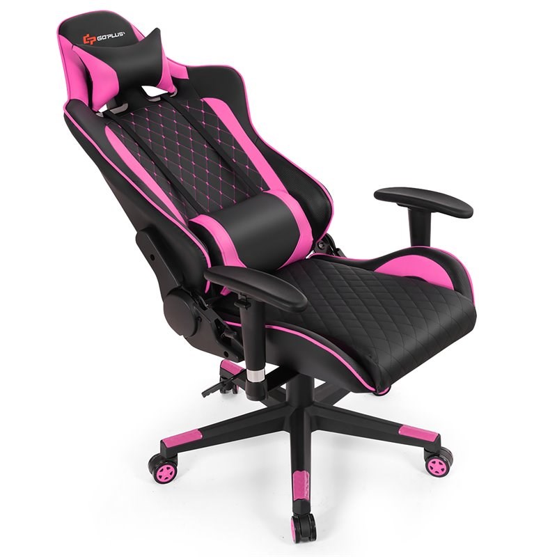 Costway Faux Leather Massage Gaming Chair with Lumbar Support & Headrest in Pink
