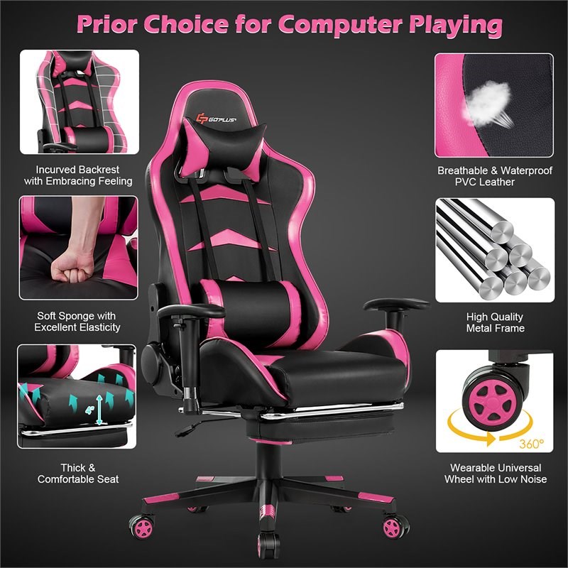 Costway Faux Leather Swivel Massage Gaming Chair with Footrest in Pink
