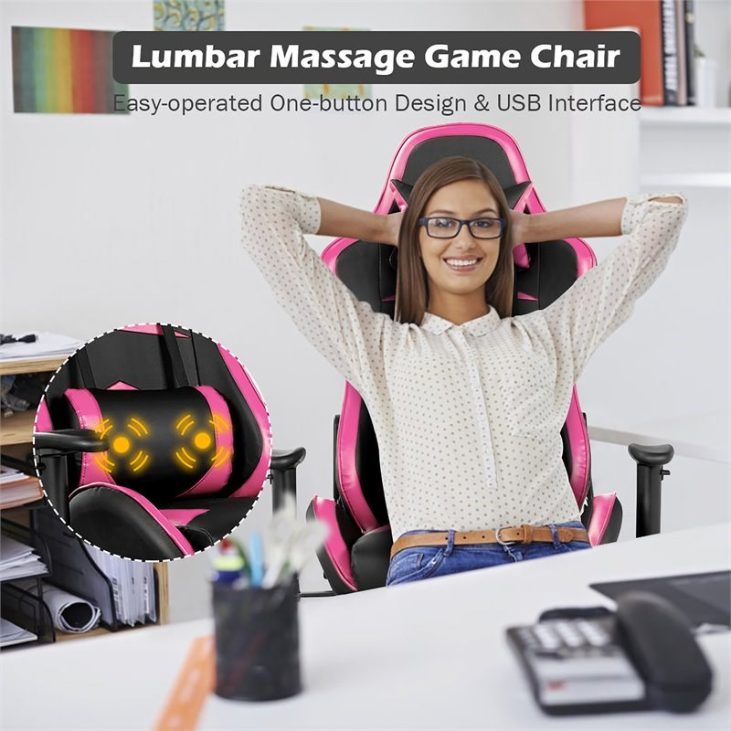 Costway Faux Leather Swivel Massage Gaming Chair with Footrest in Pink