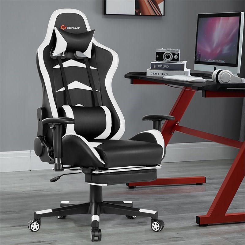 Costway Faux Leather Swivel Massage Gaming Chair with Footrest in White