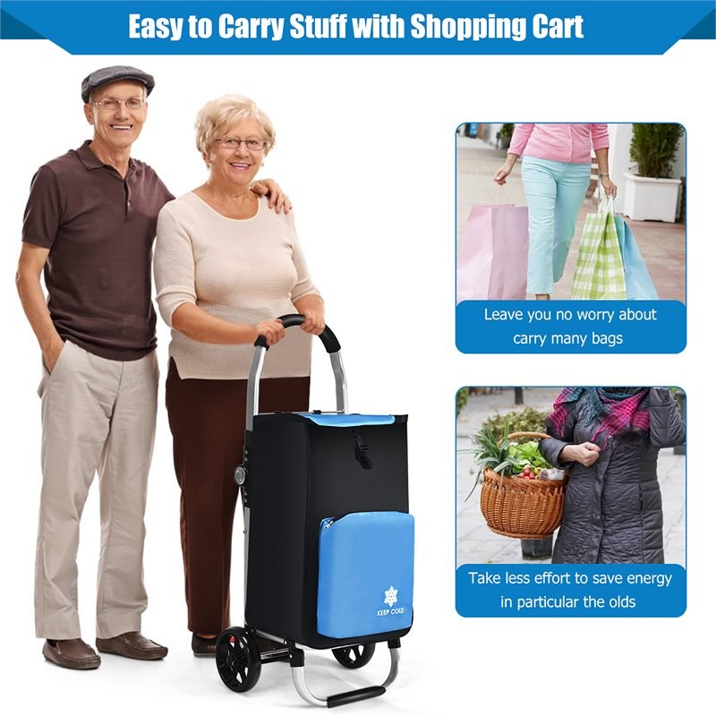 Costway Aluminum Folding Shopping Grocery Cart with Removable Bag in Blue