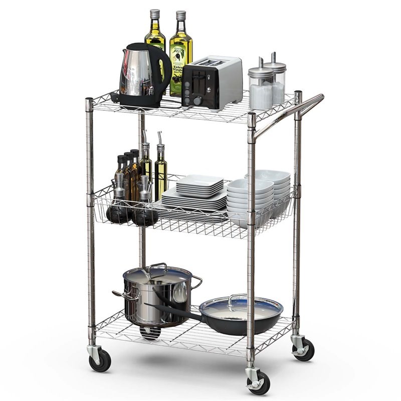 Costway 3-tier Steel and Rubber Utility Cart with Handle Bar Storage in Silver