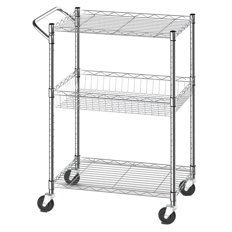Costway 3-tier Steel and Rubber Utility Cart with Handle Bar Storage in Silver