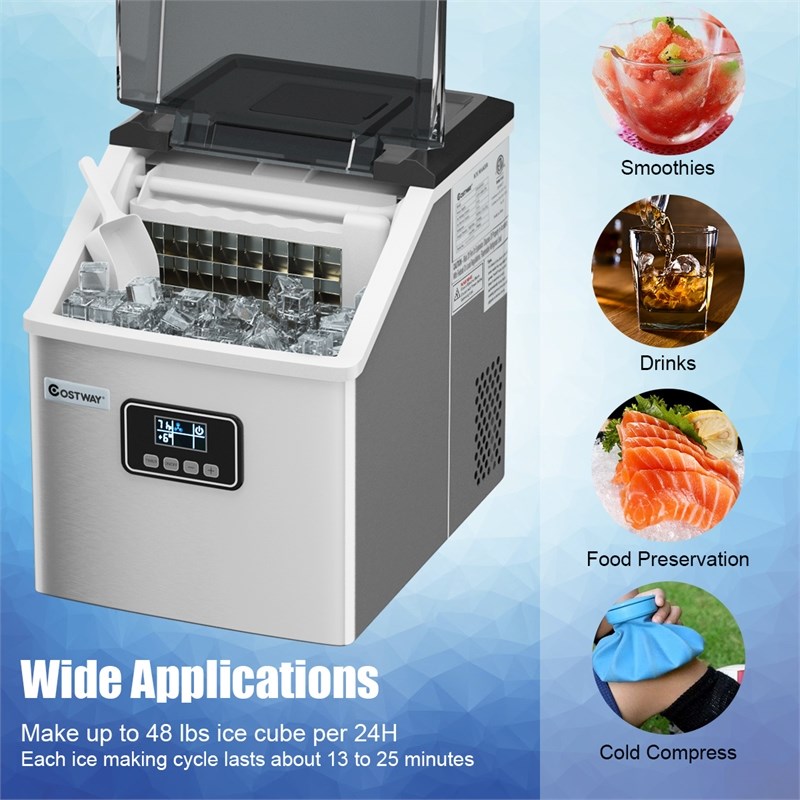Stainless Steel Ice Maker Machine 48Lbs/24H Self-Clean with LCD Display Silver