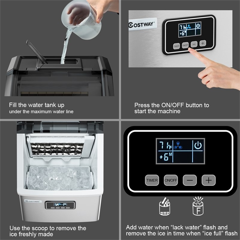 Stainless Steel Ice Maker Machine 48Lbs/24H Self-Clean with LCD Display Silver