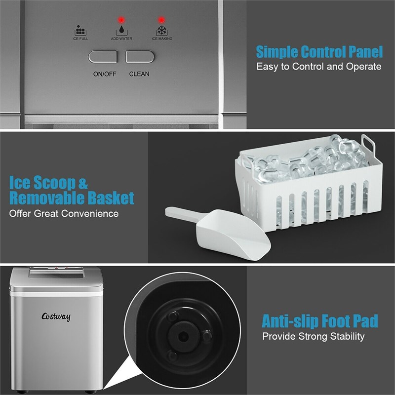 Portable Ice Maker Machine  26Lbs/24H Self-cleaning w/ Scoop Silver Plastic