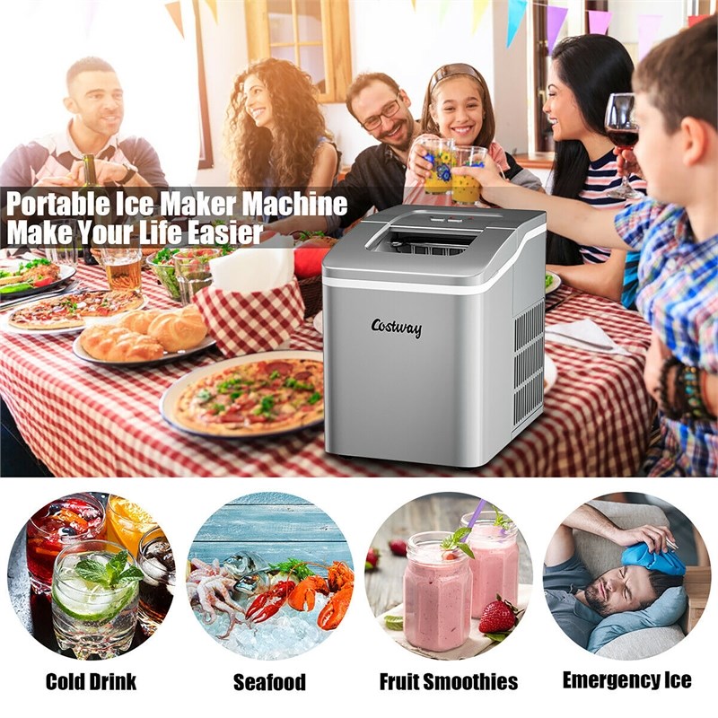 Portable Ice Maker Machine  26Lbs/24H Self-cleaning w/ Scoop Silver Plastic