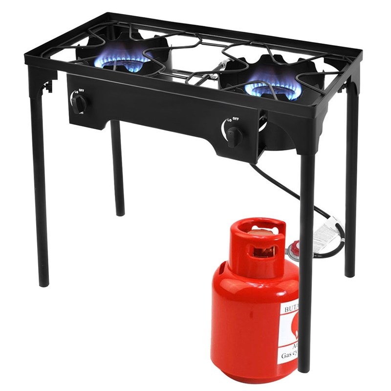 Double Burner Gas Propane Cooker Outdoor Stove Stand BBQ Grill Black Metal
