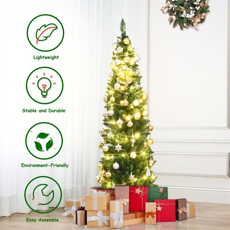 6Ft PVC Artificial Pencil Christmas Tree Slim Stand Green Home Decor Plastic