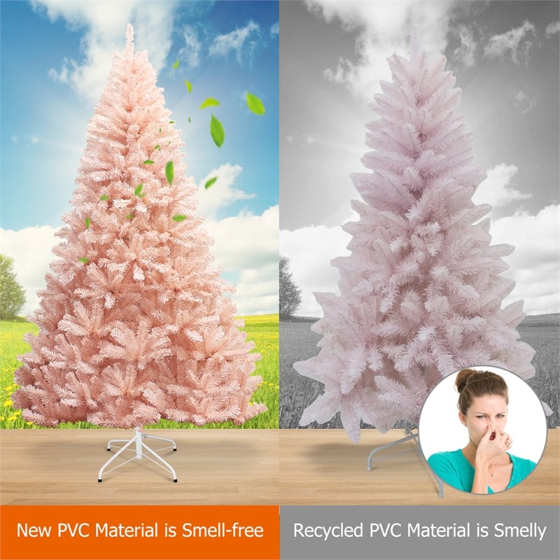 7ft Artificial Christmas Tree Hinged Full Fir Tree Metal Stand Pink
