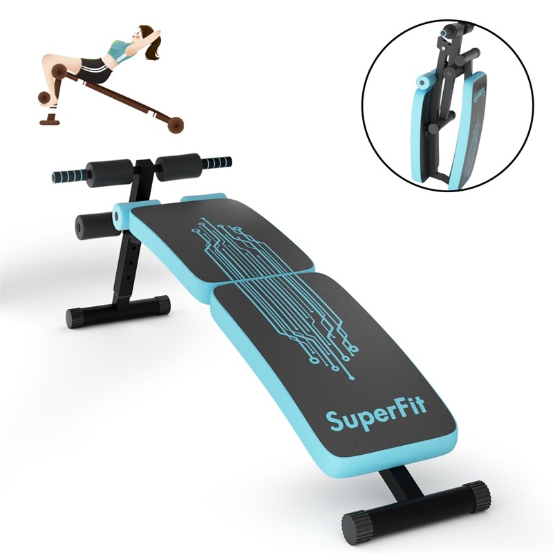 SuperFit Folding Weight Bench Adjustable Sit-up Board Curved Bench Blue Leather