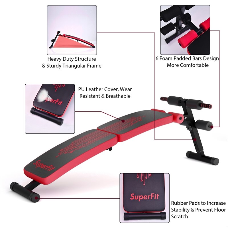 SuperFit Folding Weight Bench Adjustable Sit-up Board Curved Bench Red Leather