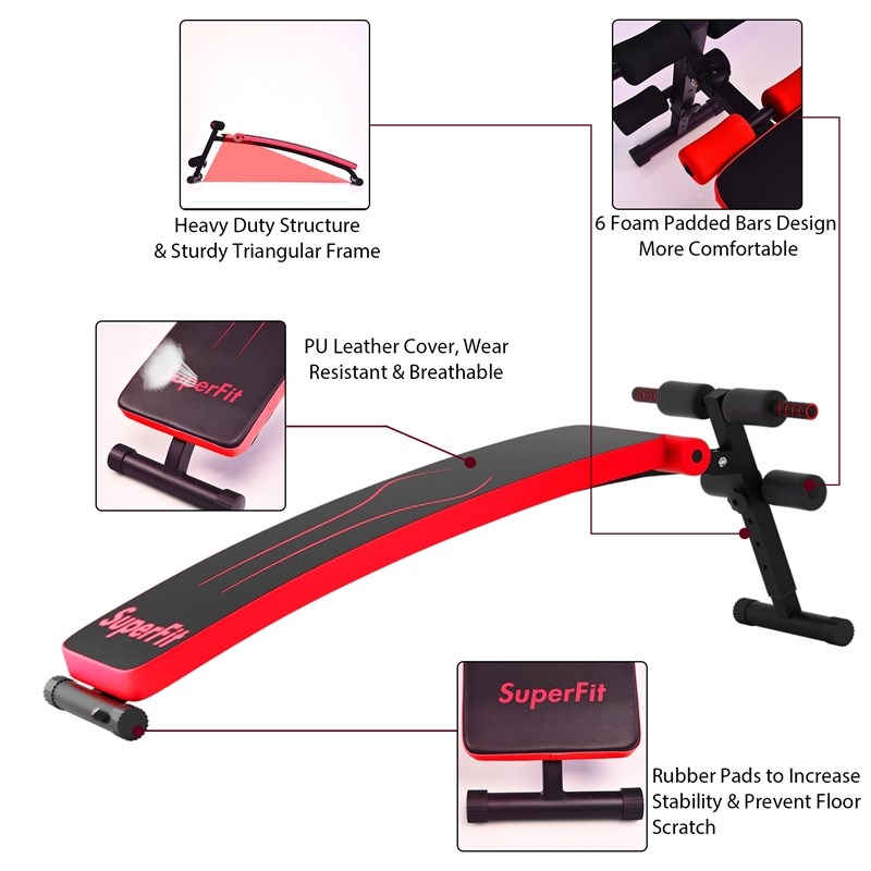 SuperFit Folding Weight Bench Adjustable Sit-up Board Slant Bench Red Leather