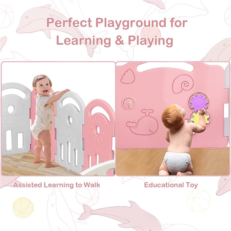 18-Panel Baby Playpen Kids Activity Center Playard w/Music Box Pink Plastic