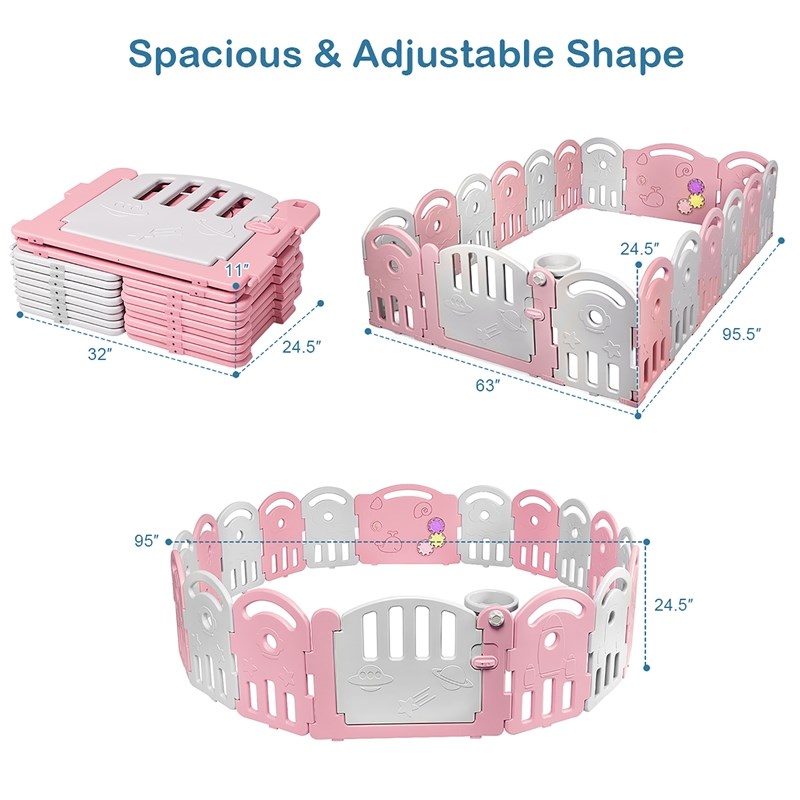 18-Panel Baby Playpen Kids Activity Center Playard w/Music Box Pink Plastic
