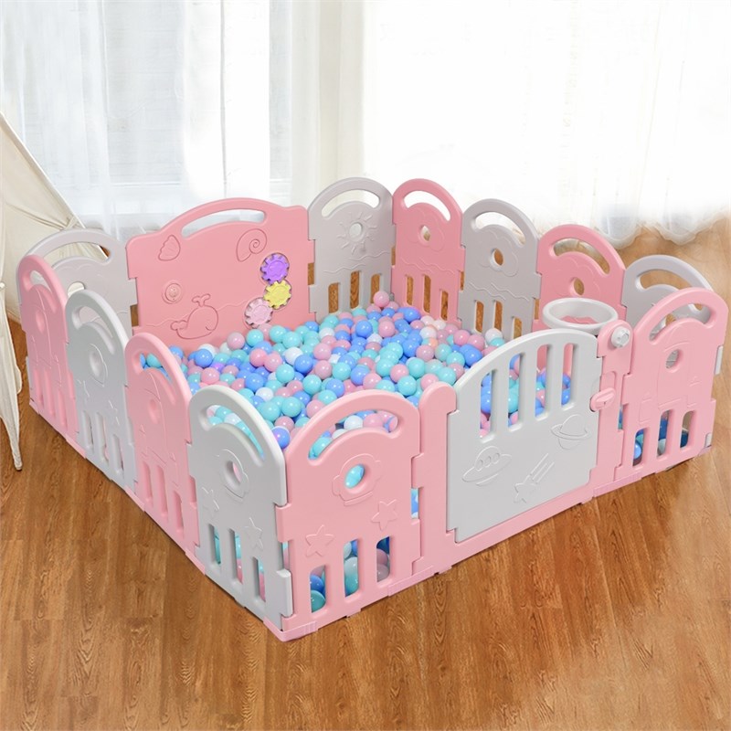 Costway 14-Panel Baby Playpen Kids Activity Center Playard Pink Gray Plastic